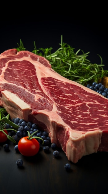 Die satte Marineblau-Einstellung ergänzt die detaillierte Ansicht eines vertikalen mobilen Hintergrundbilds mit rohem T-Bone-Steak