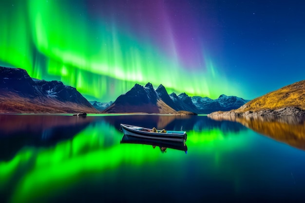 Die schimmernden Lichter der Aurora Borealis umhüllen den Nachthimmel und werfen leuchtende Farben auf ein Schiff