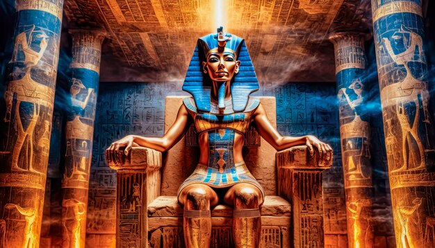 Die schöne ägyptische Göttin Pharao Hatshepsut sitzt auf einem goldenen Thron im Dendera-Tempel