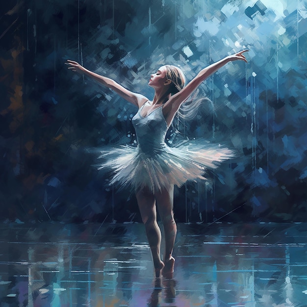 Die schöne anmutige Ballettfrau in einem wunderschön bemalten Kleid führt eine Tanzfotografie durch