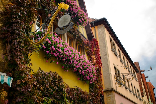 Die schöne Fensterbank eines jeden Haushalts in der Märchenstadt Rothenburg, Deutschland