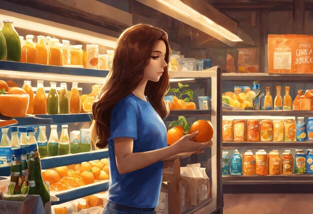 Die schöne Frau schaut in die Regale, um etwas im Supermarkt zu kaufen.