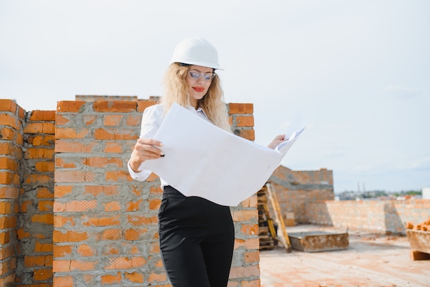 Die schöne ingenieurin überprüft die pläne einer bauarbeit