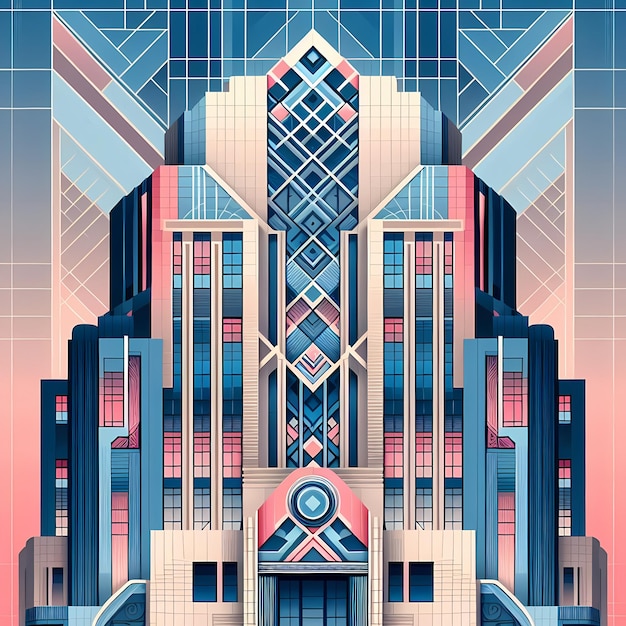 Die Schönheit der Geometrie und Symmetrie Ein Art-Deco-Gebäude in Pastellfarben