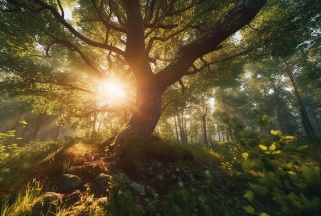 Die Schönheit der Morgensonne zwischen den großen Bäumen mitten im Wald erzeugte KI