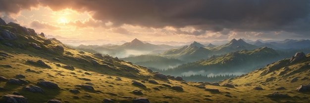 Die Schönheit der Natur majestätische Berge und sanfte Felder einer Sonnenuntergangslandschaft Generative KI