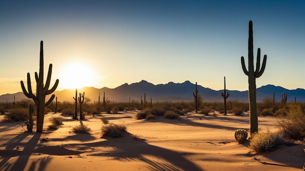 Die Schönheit der Wüste, als die Sonne unter den Horizont sinkt und lange Schatten von Kaktussen auf den Sandstrand wirft