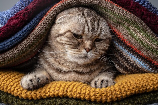 Die schüchterne Katze Scottish Fold sitzt in einem Haufen bunter Strickschals und sieht traurig aus