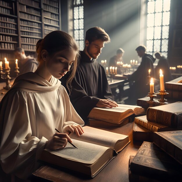 Foto die schüler studierten fleißig die schrift in der schwach beleuchteten bibliothek des seminars, umgeben von ancients.