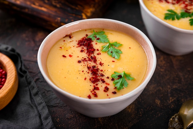 Die Schüssel mit Erbsenpüree-Suppe auf dunklem Hintergrund hautnah