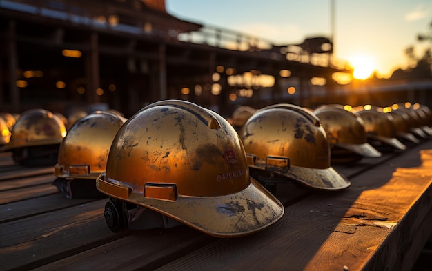 Die Schutzhelm-Silhouette auf der Baustelle mit einem Sonnenuntergangshintergrund. Generative KI