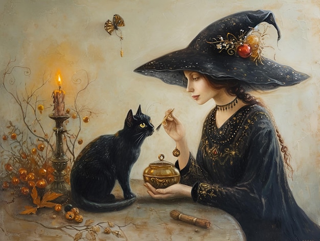 Die schwarze Katze und die Hexe Renaissance-Gemälde