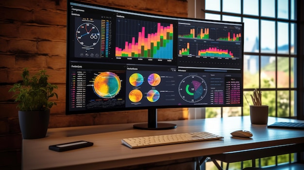 Die Seitenansicht eines Computerbildschirms mit mehreren Finanzberichten, Diagrammen und Kuchen im Hintergrund der Unternehmenszentrale, schöne generative KI AIG32