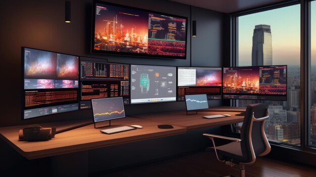 Die Seitenansicht eines Computers mit mehreren Bildschirmen, auf denen soziale Medien und Nachrichten im modernen Bürohintergrund Generative AI AIG32 angezeigt werden