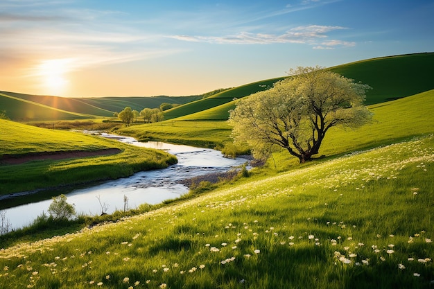 Die Serenität der Wiese Die malerische Landschaft mit blühenden Blüten