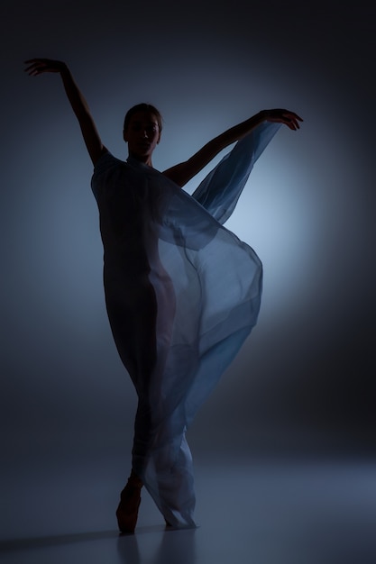 Die Silhouette der schönen Ballerina, die mit Schleier auf dunkelblauem Hintergrund tanzt