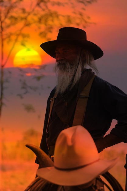 Foto die silhouette des cowboys und der untergehende sonnenuntergang