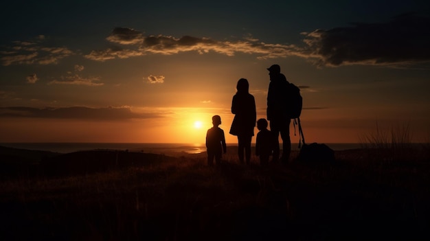 Die Silhouette einer Familie sieht zu, wie die Sonne hinter dem Horizont verschwindet