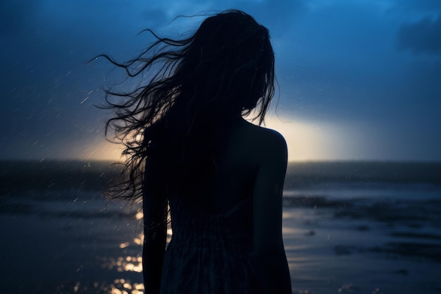 die Silhouette einer Frau, die nachts am Strand steht