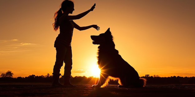 Die Silhouette einer jungen Frau und ihres Haustiers Deutscher Schäferhund-Mischling, die sich bei Sonnenuntergang die Hand schütteln