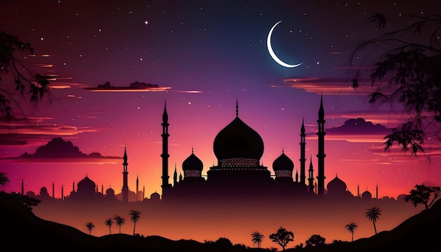 Die Silhouette einer Moschee am Nachthimmel mit einer generativen KI im halbmondislamischen Stil