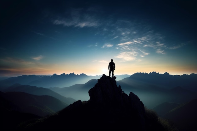 Die Silhouette einer Person, die auf einem Berggipfel steht, symbolisiert Abenteuer und Erkundung