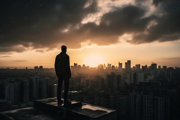 Die Silhouette einer Person, die auf einem Stadtdach steht und auf die Skyline blickt, repräsentiert das städtische Leben