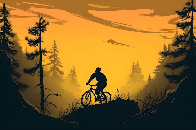 Die Silhouette einer Person, die in einem Wald Fahrrad fährt.