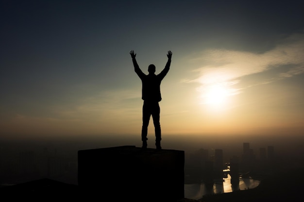 Die Silhouette einer Person, die mit triumphierend erhobenen Armen auf einem Dach steht und den Erfolg symbolisiert