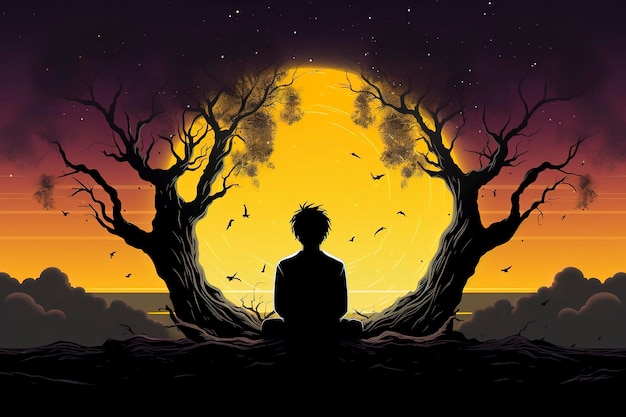 Die Silhouette einer Person, die unter einem Baum meditiert