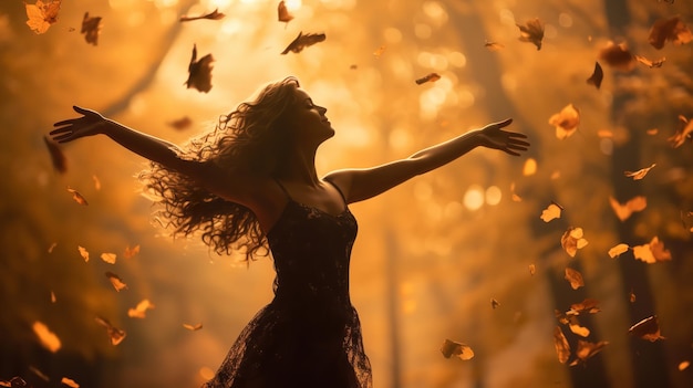 Die Silhouette einer tanzenden Frau in einem Wald mit fallenden Herbstblättern