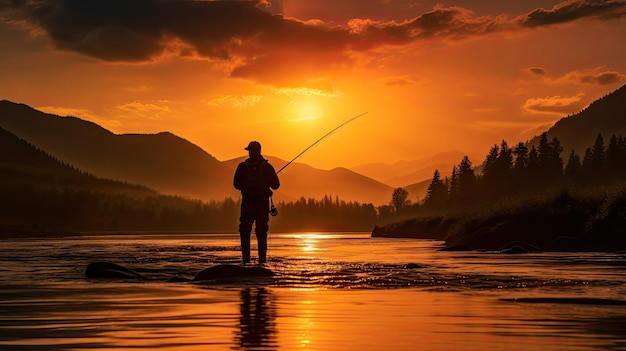 Die Silhouette eines Fischers vor dem Hintergrund der untergehenden Sonne am Fluss bei Sonnenuntergang