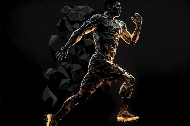 Foto die silhouette eines fußballspielers, der schnell läuft, ist eine polygonale illustration.