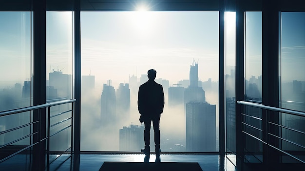 die Silhouette eines Mannes, der vor einem Fenster steht, mit einer Stadt im Hintergrund