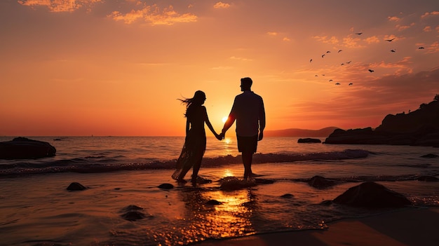Die Silhouette eines romantischen Paares hält Händchen bei Sonnenaufgang am Strand