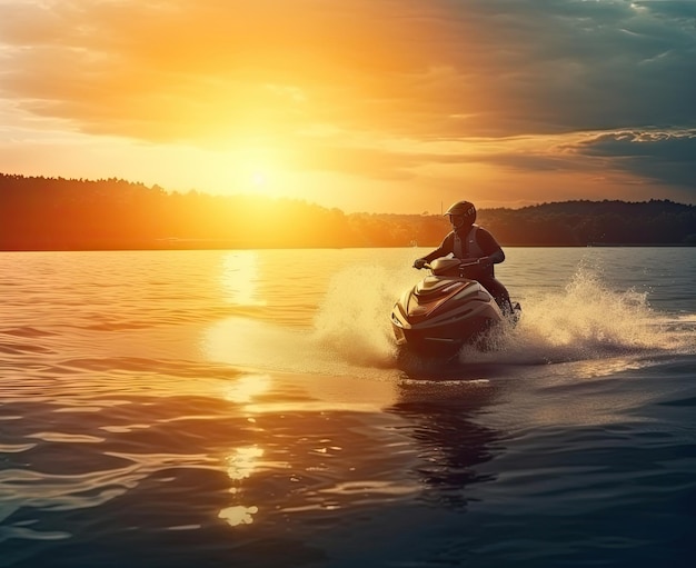 Die Silhouette eines starken Mannes springt bei Sonnenuntergang auf den Jetski über dem Wasser