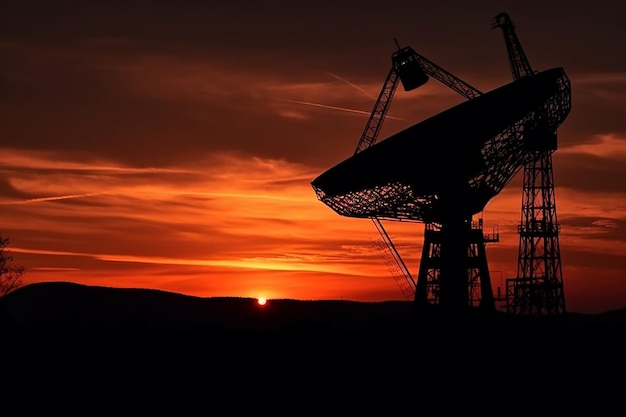 Die Silhouette eines Teleskops mit der untergehenden Sonne dahinter