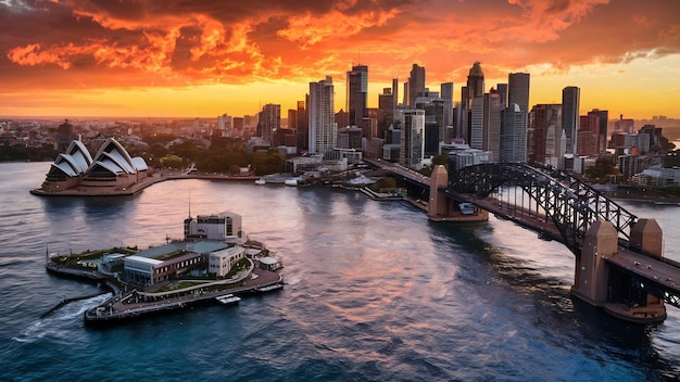 Die Skyline der Innenstadt von Sydney in Australien von oben beim Sonnenuntergang