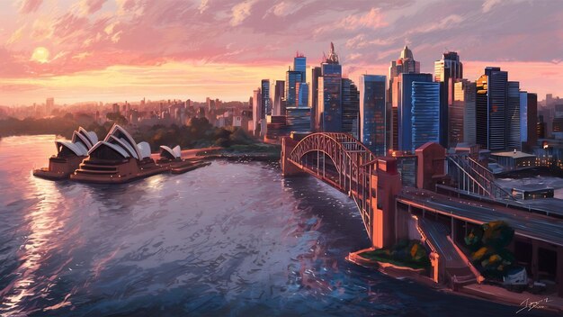 Die Skyline der Innenstadt von Sydney in Australien von oben beim Sonnenuntergang