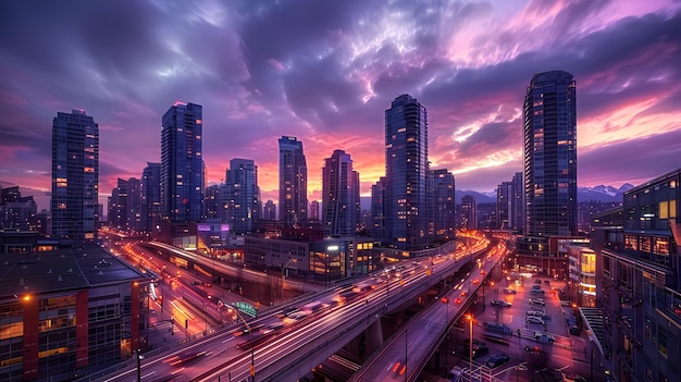 Foto die skyline der stadt in der dämmerung mit wolkenkratzern, brücken und wolken am himmel