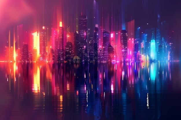 Die Skyline der Stadt spiegelt sich im Wasser mit einem bunten Hintergrund wider