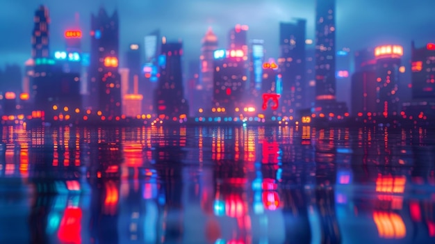 Die Skyline der Stadt verblasst in einem Meer von verschwommenen Neonlichtern, die sich von der schimmernden Oberfläche eines