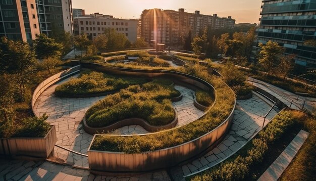 Die Skyline einer modernen Stadt spiegelt sich in ruhigem Wasser wider, das von KI erzeugt wird