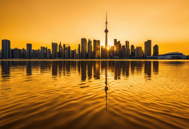 Die Skyline einer Stadt spiegelt sich in einem See aus flüssigem Gold wider