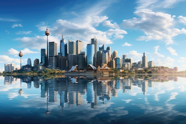 Die Skyline von Shanghai reflektiert im See China 3D-Rendering Sydney City Panoramablick Australien Juli Wolkenkratzer reflektieren im Wasser KI generiert