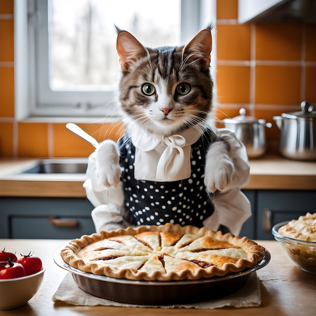 Foto die slawische junge anthropomorphe katze in der küche ist eine absolut atemberaubende kreatur mit glatter