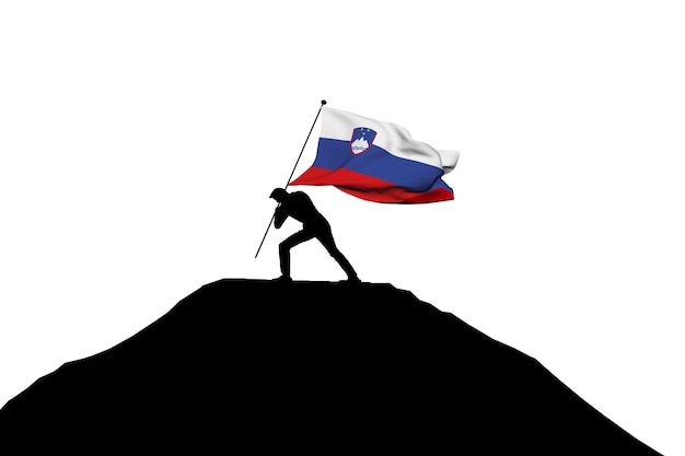 Die slowenische Flagge wird von einer männlichen Silhouette 3D-Rendering in die Bergspitze geschoben