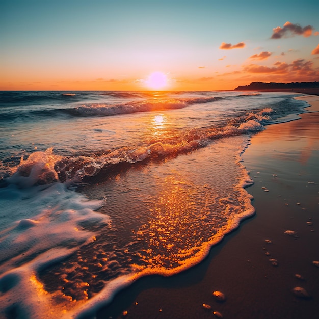 Die Sonne geht am Strand über dem Meer unter