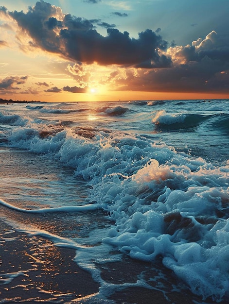 Die Sonne geht am Strand über dem Meer unter