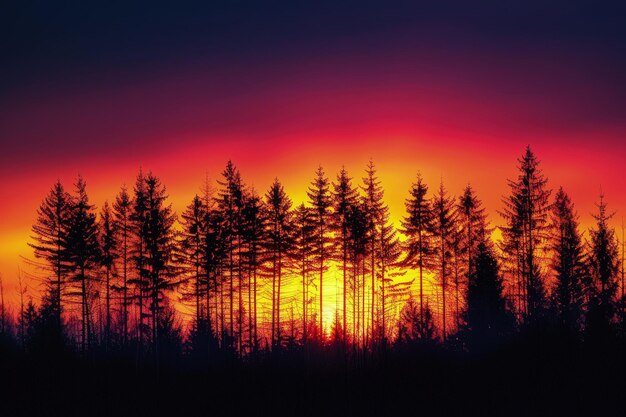 Die Sonne geht hinter den Bäumen im Wald unter